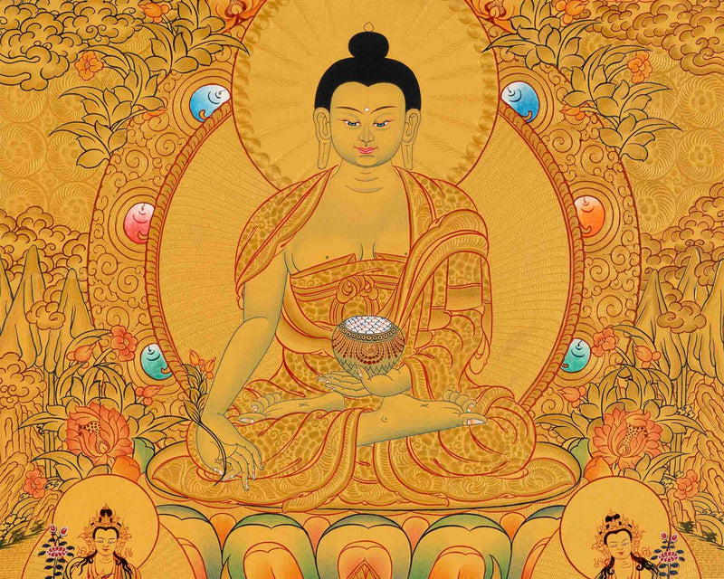 Gold Painted Medicine or Blue Buddha | Original Hand-Painted Bhaisajyaguru Thangka