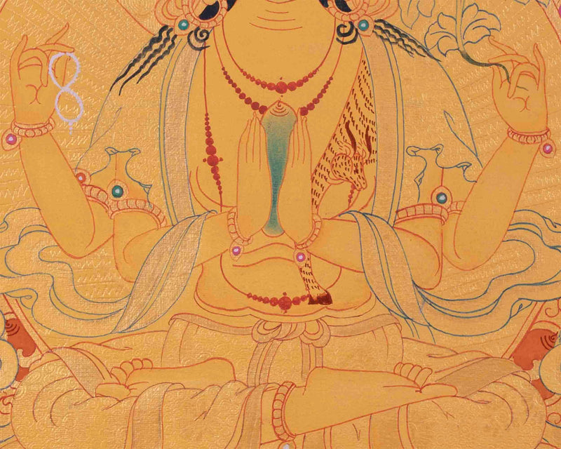 Four Armed Chengrezig Thangka Painting | Avalokiteshvara Arts | Bodhisattva Thangka |