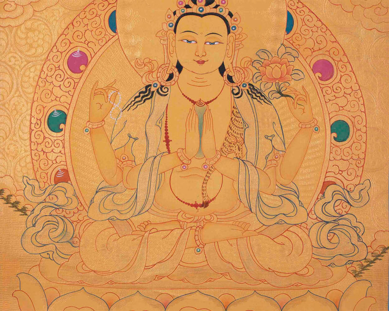 Four Armed Chengrezig Thangka Painting | Avalokiteshvara Arts | Bodhisattva Thangka |