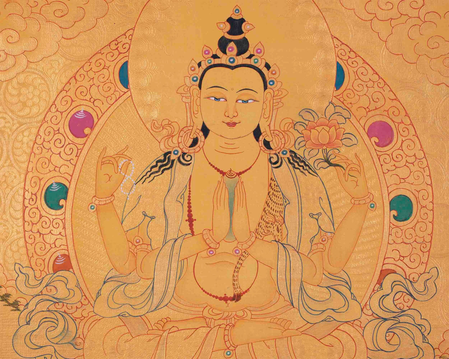 Four Armed Chengrezig Thangka Painting | Avalokiteshvara Arts | Bodhisattva Thangka |