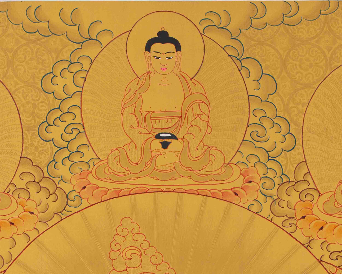 Dzambhala Flanked with 5 Buddhas on Top of His Head | Kubera Thangka Painting |