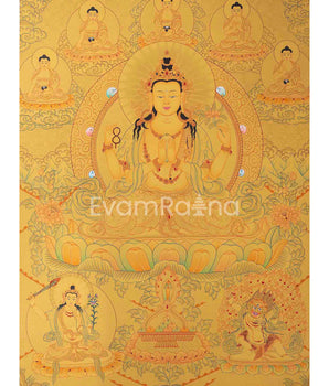 Original 24K Full Gold Four-Armed Chenrezig with Five Dhyani Buddhas, Manjushri, and Vajrapani |