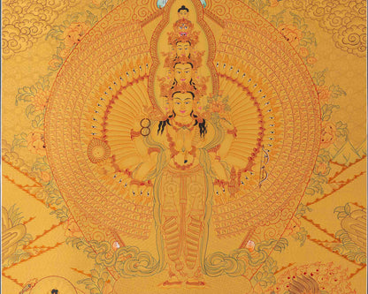 Full Gold Lokeshvara Thangka with White Tara, Buddha, Green Tara, Manjushri, and Vajrapani | Guardian of Infinite Compassion |Spiritual Arts