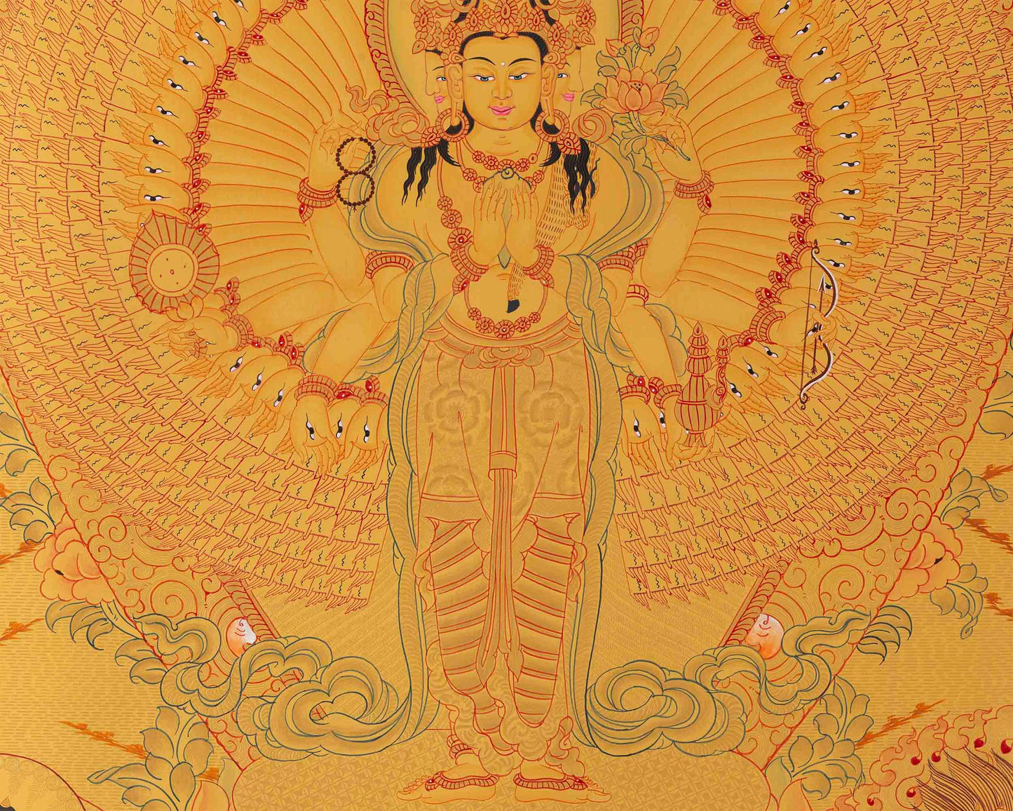 Full Gold Lokeshvara Thangka with White Tara, Buddha, Green Tara, Manjushri, and Vajrapani | Guardian of Infinite Compassion |Spiritual Arts