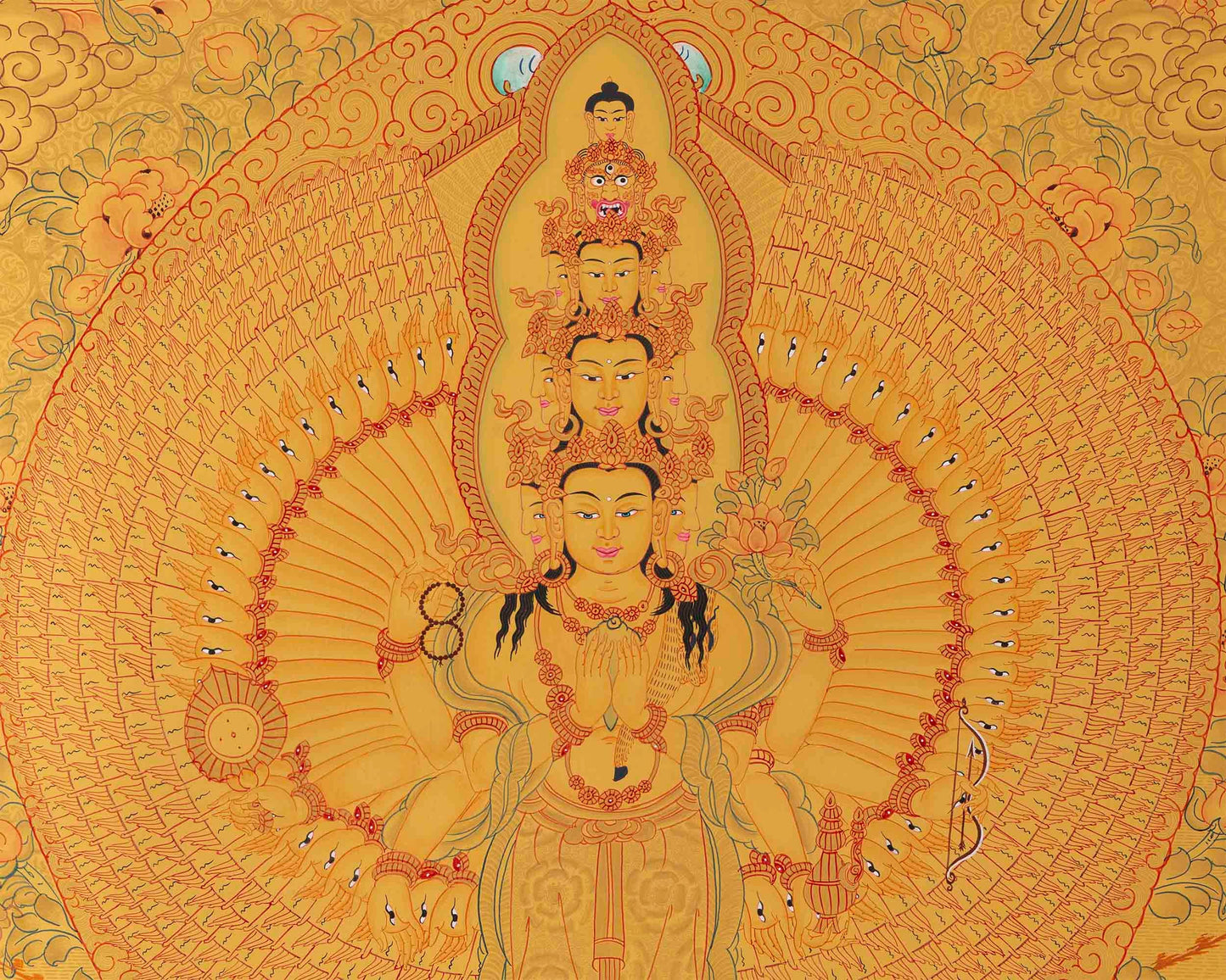 Full Gold Lokeshvara Thangka with White Tara, Buddha, Green Tara, Manjushri, and Vajrapani | Guardian of Infinite Compassion |Spiritual Arts