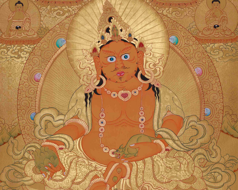 Full Gold Dzambala With Five Dhyani Buddhas | Kubera Thangka |