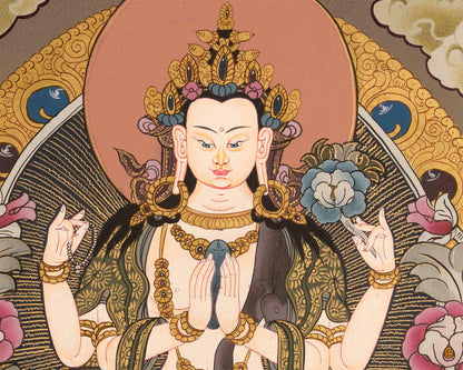 Beautifully Hand-Painted Four-Armed Chengrezig | Avalokiteshvara Thangka Painting