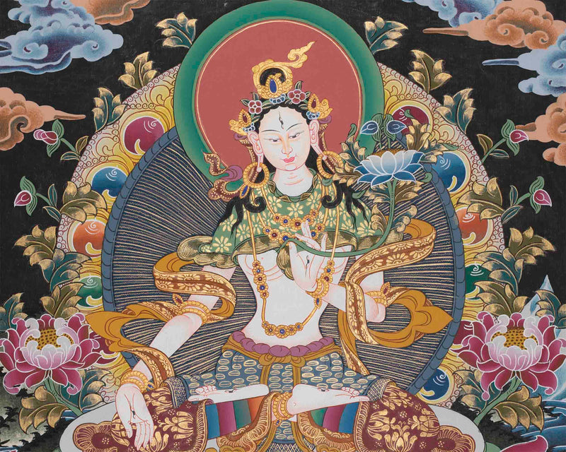 Original Hand-Painted White Tara | Tibetan Bodhisattva Wall Hanging