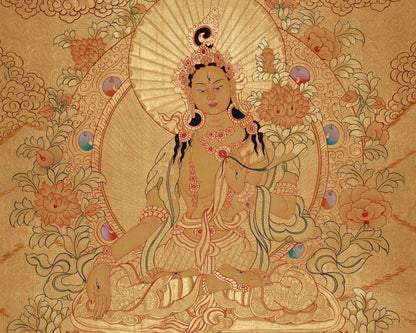 Gold Style White Tara Flanked with other Bodhisattva | Tibetan Buddhism Thangka