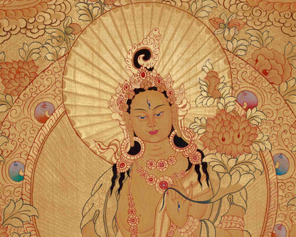 Gold Style White Tara Flanked with other Bodhisattva | Tibetan Buddhism Thangka