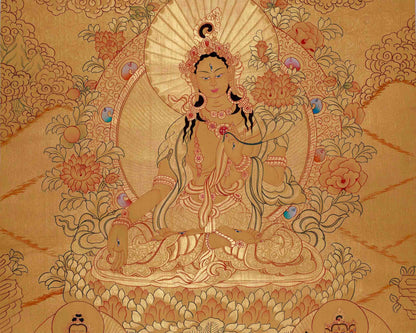 Gold Style White Tara Flanked with other Bodhisattva | Tibetan Buddhism Thangka