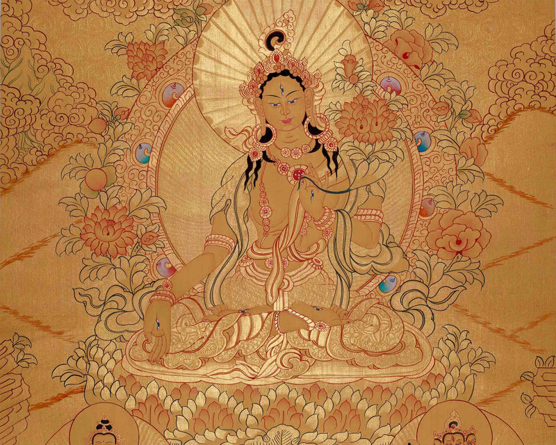 Gold Style White Tara Flanked with other Bodhisattva | Tibetan Buddhism Thangka