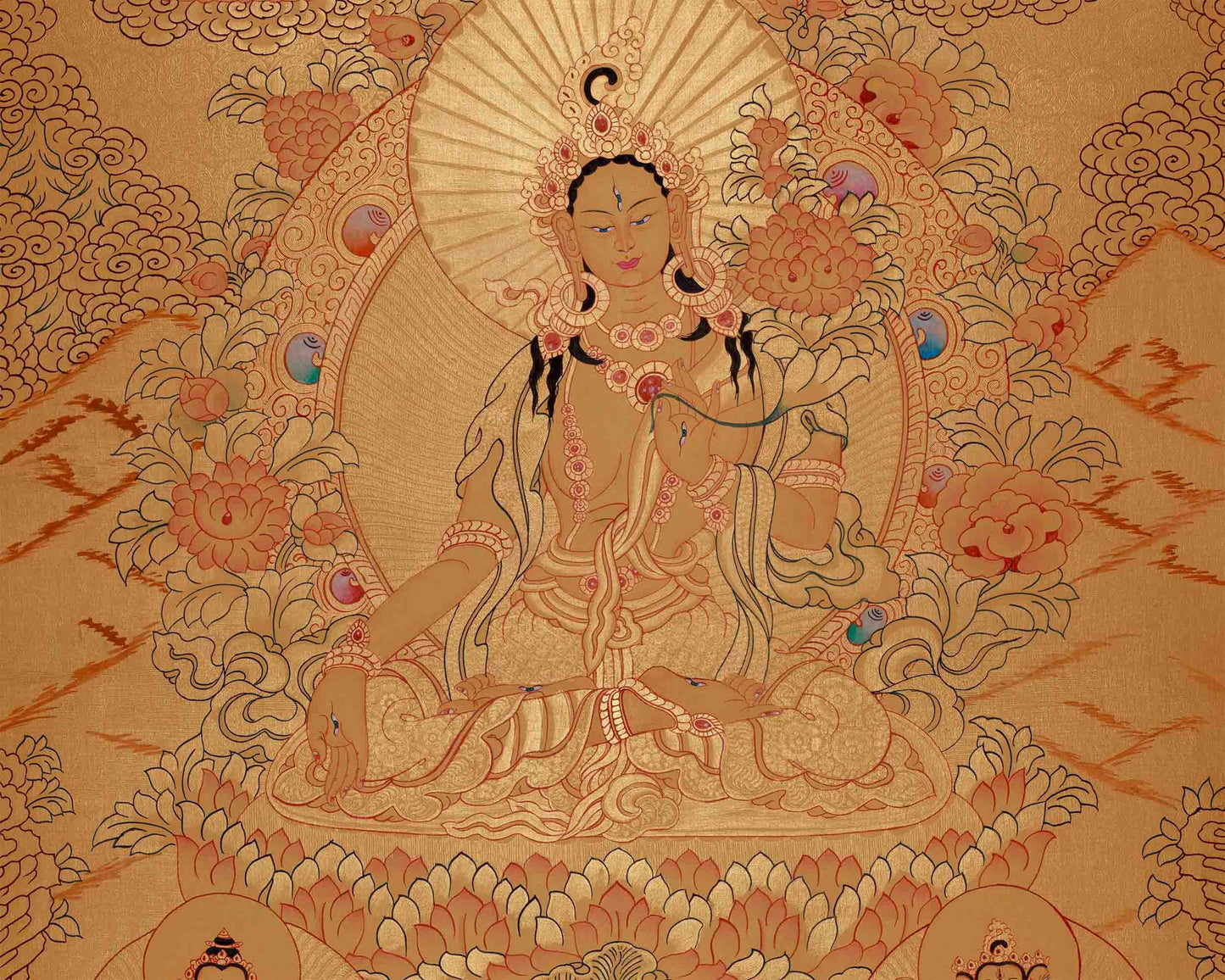 Gold Style White Tara Flanked with other Bodhisattva | Tibetan Buddhism Thangka