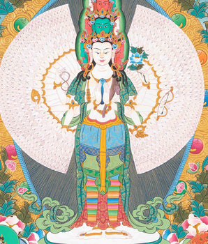 1000 Armed Lokeshvara Thangka with White Tara, Amitabha, Manjushri, and Vajrapani
