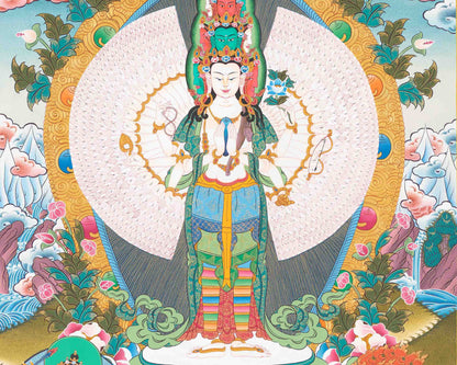 1000 Armed Lokeshvara Thangka with White Tara, Amitabha, Manjushri, and Vajrapani