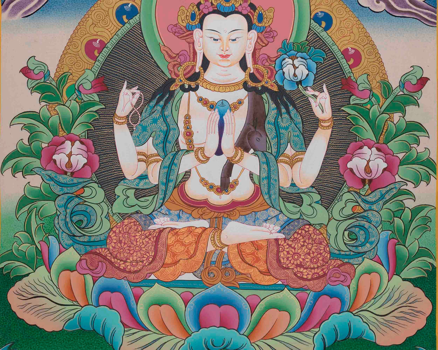 Four Armed Chengrezig Thangka | Original Hand-Painted Bodhisattva Artwork