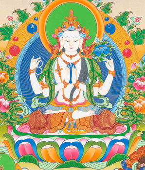 Original Hand-Painted Chengrezig Flanked with Manjushri and Vajrapani Thangka | Avalokiteshvara|
