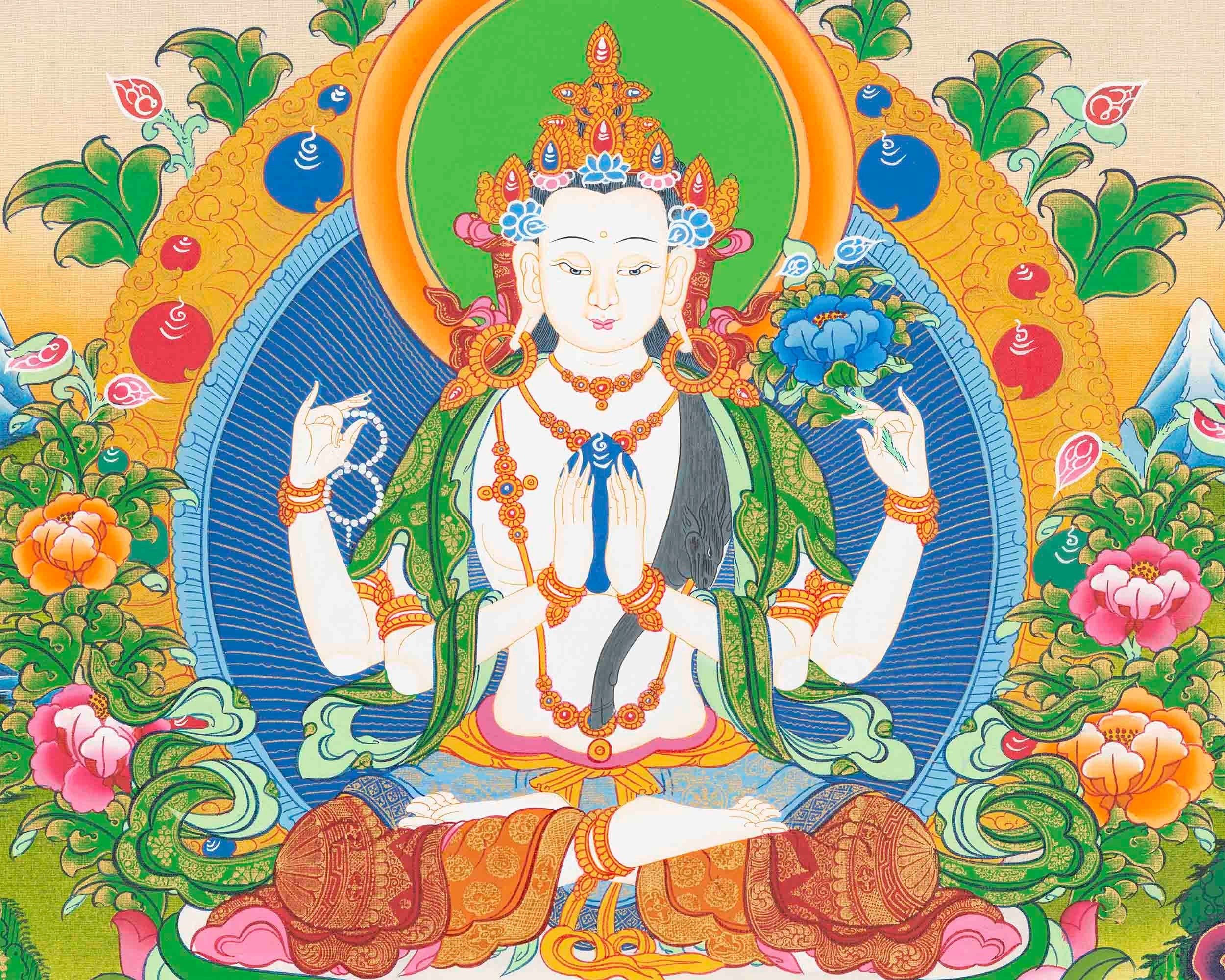 Original Hand-Painted Chengrezig Flanked with Manjushri and Vajrapani Thangka | Avalokiteshvara|