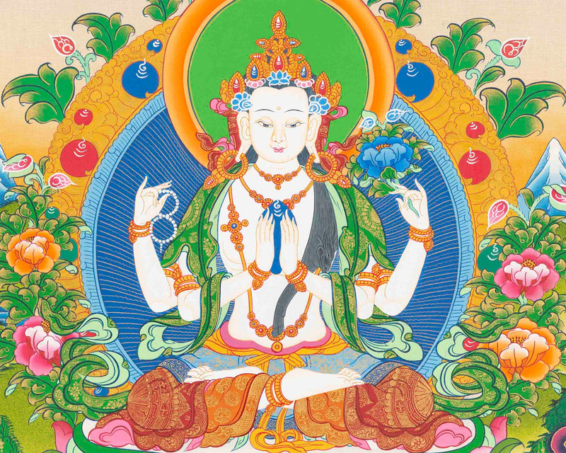 Original Hand-Painted Chengrezig Flanked with Manjushri and Vajrapani Thangka | Avalokiteshvara|