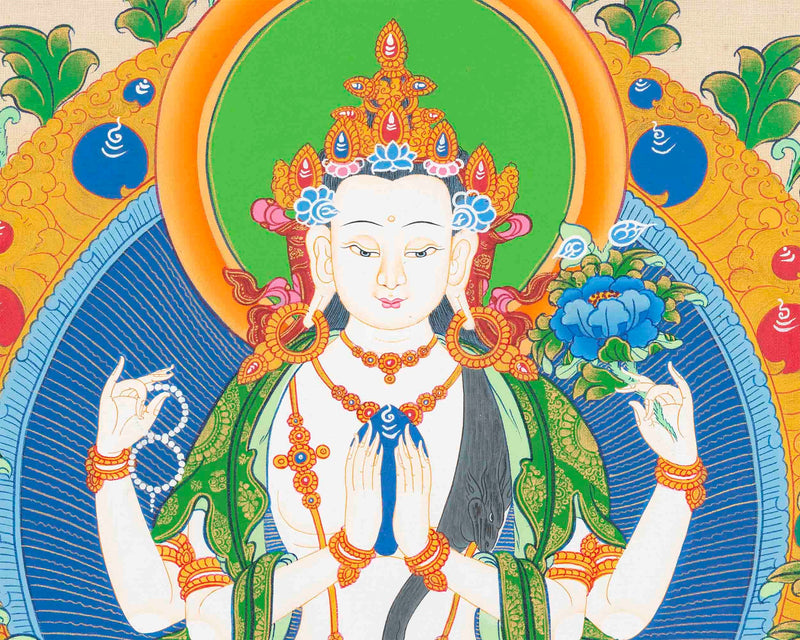 Original Hand-Painted Chengrezig Flanked with Manjushri and Vajrapani Thangka | Avalokiteshvara|