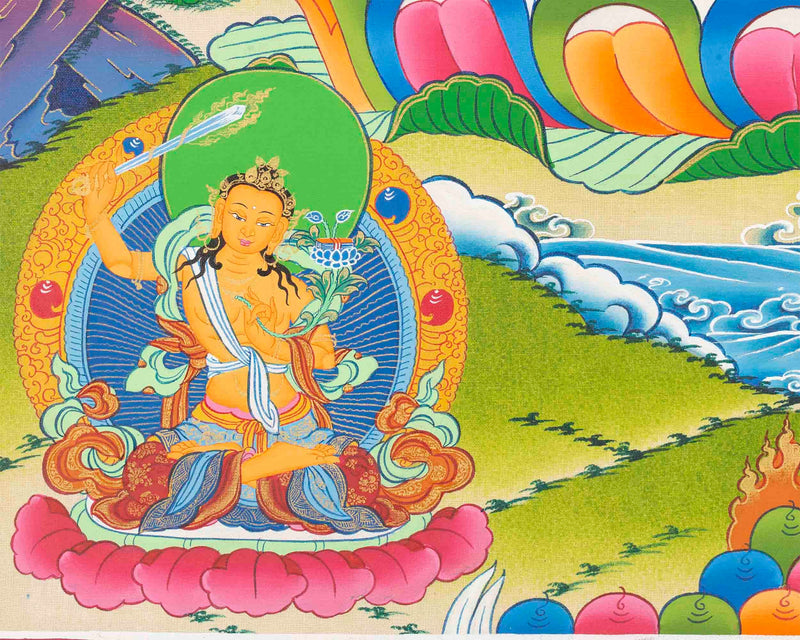 Original Hand-Painted Chengrezig Flanked with Manjushri and Vajrapani Thangka | Avalokiteshvara|