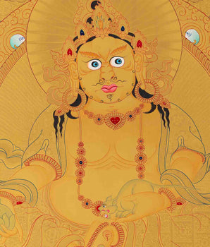 Dzambhala Flanked with 5 Buddhas on Top of His Head | Kubera Thangka Painting |