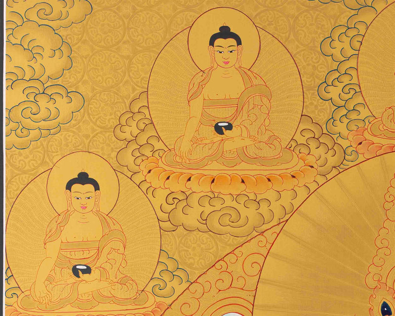 Dzambhala Flanked with 5 Buddhas on Top of His Head | Kubera Thangka Painting |