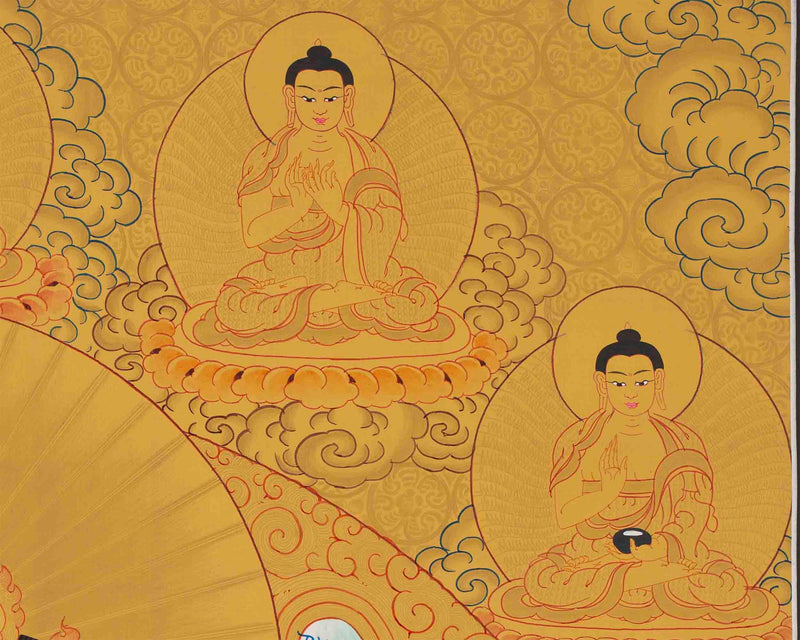 Dzambhala Flanked with 5 Buddhas on Top of His Head | Kubera Thangka Painting |