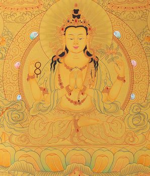 Original 24K Full Gold Four-Armed Chenrezig with Five Dhyani Buddhas, Manjushri, and Vajrapani |