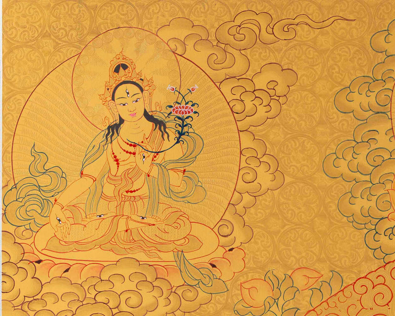 Full Gold Lokeshvara Thangka with White Tara, Buddha, Green Tara, Manjushri, and Vajrapani | Guardian of Infinite Compassion |Spiritual Arts