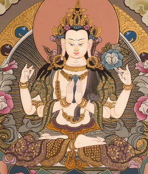 Beautifully Hand-Painted Four-Armed Chengrezig | Avalokiteshvara Thangka Painting