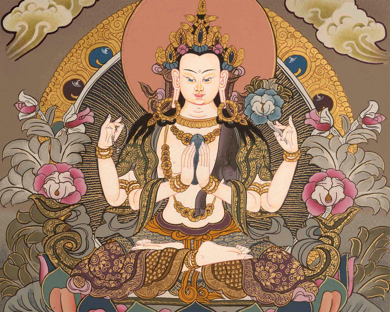 Beautifully Hand-Painted Four-Armed Chengrezig | Avalokiteshvara Thangka Painting