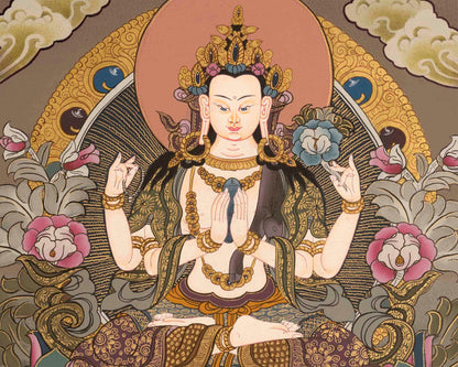 Beautifully Hand-Painted Four-Armed Chengrezig | Avalokiteshvara Thangka Painting