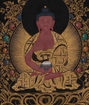 Gold & Black Amitabha Buddha Thangka | Traditional Tibetan Painting