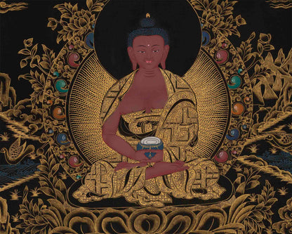 Gold & Black Amitabha Buddha Thangka | Traditional Tibetan Painting