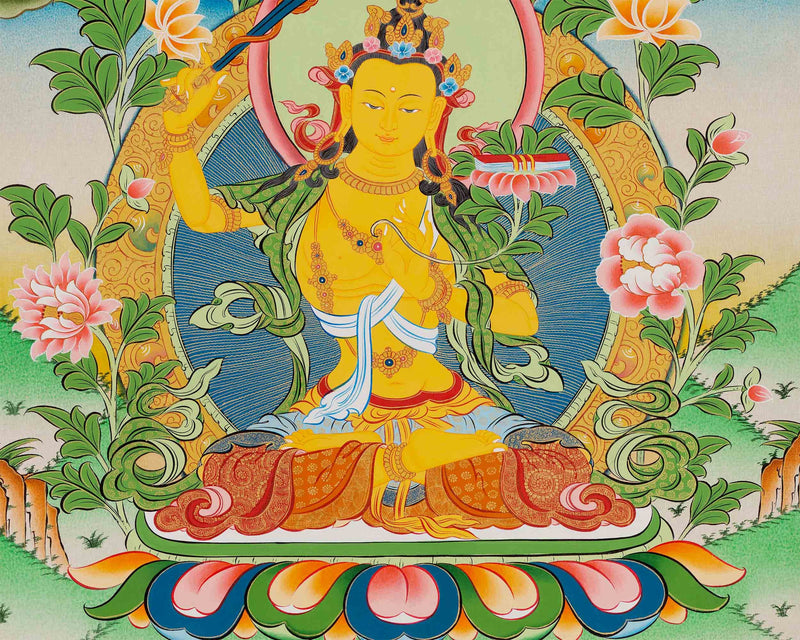 Manjushri Thangka Painting | Traditional Himalayan Wisdom Buddha Art