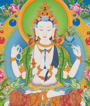 Four Armed Chengrezig Feature Manjushri and Vajrapani | Original Hand-Painted Tibetan Bodhisattva Thangka