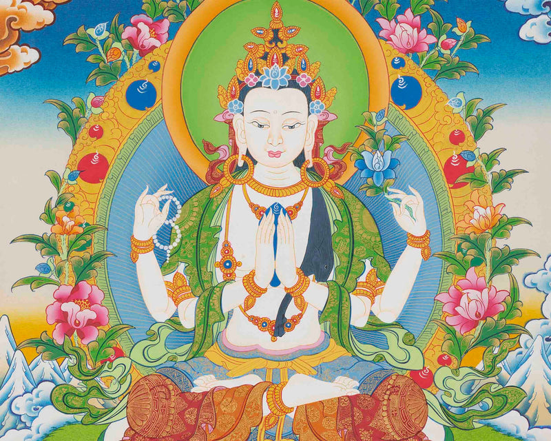 Four Armed Chengrezig Feature Manjushri and Vajrapani | Original Hand-Painted Tibetan Bodhisattva Thangka