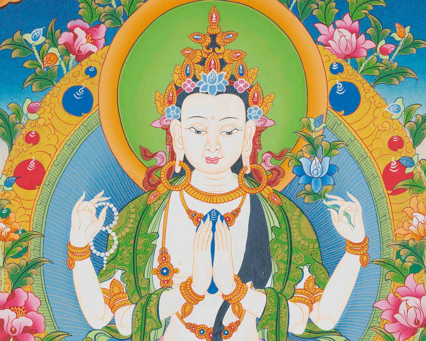 Four Armed Chengrezig Feature Manjushri and Vajrapani | Original Hand-Painted Tibetan Bodhisattva Thangka