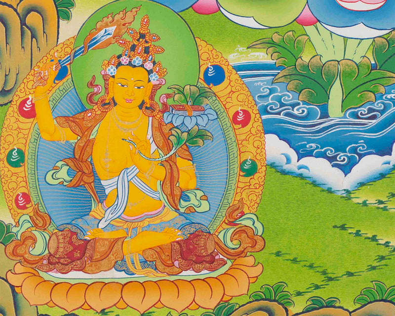 Four Armed Chengrezig Feature Manjushri and Vajrapani | Original Hand-Painted Tibetan Bodhisattva Thangka