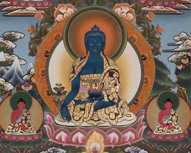 Medicine Buddha Feature With Seven Buddhas | Bhaisajyaguru Thangka