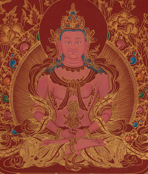 Amitayus Buddha Thangka | Hand-Painted on Red Background for Longevity and Wisdom
