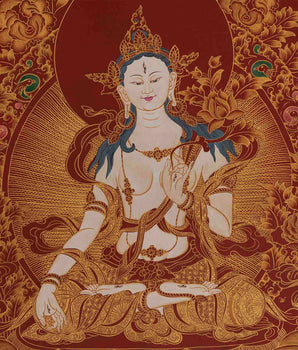 White Tara on Red Background | Female Bodhisattva Thangka Painting | Mother of Buddhas