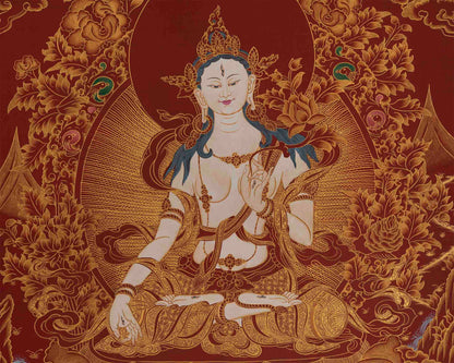 White Tara on Red Background | Female Bodhisattva Thangka Painting | Mother of Buddhas