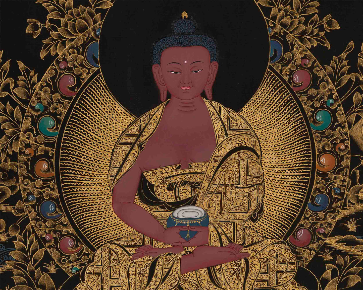 Gold & Black Amitabha Buddha Thangka | Traditional Tibetan Painting