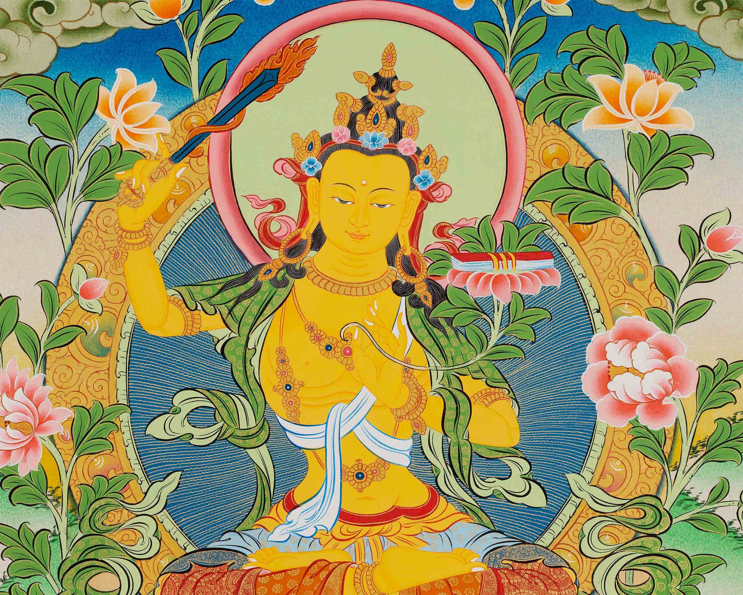 Manjushri Thangka Painting | Traditional Himalayan Wisdom Buddha Art