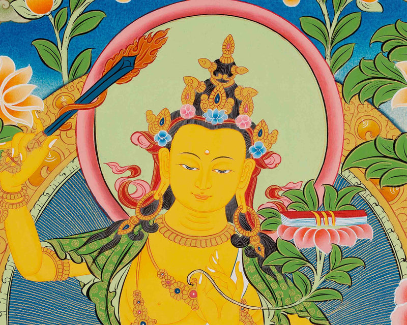 Manjushri Thangka Painting | Traditional Himalayan Wisdom Buddha Art