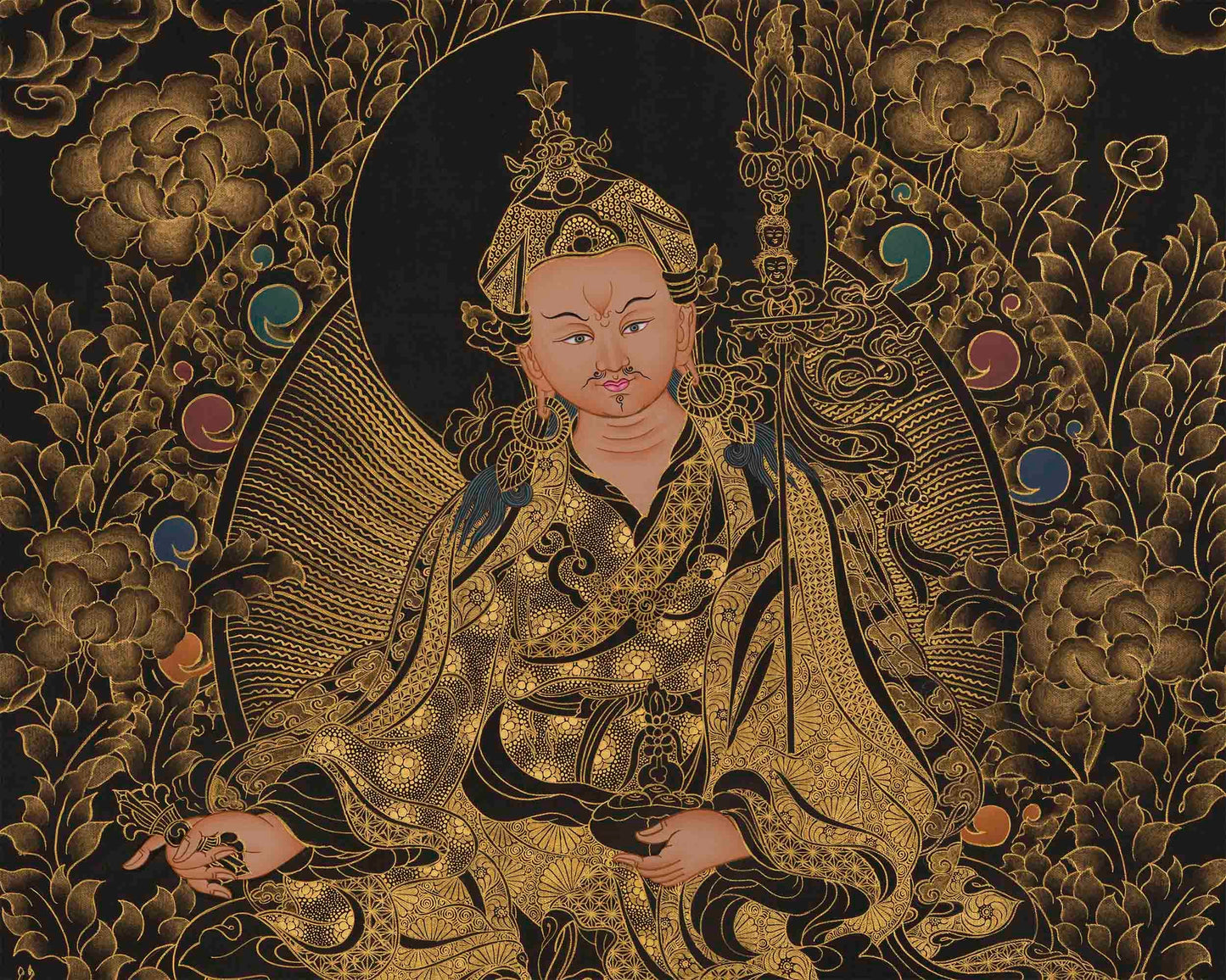 Gold and Black Guru Rinpoche Thangka | Traditional Tibetan Art of Padmasambhava