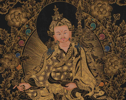 Gold and Black Guru Rinpoche Thangka | Traditional Tibetan Art of Padmasambhava