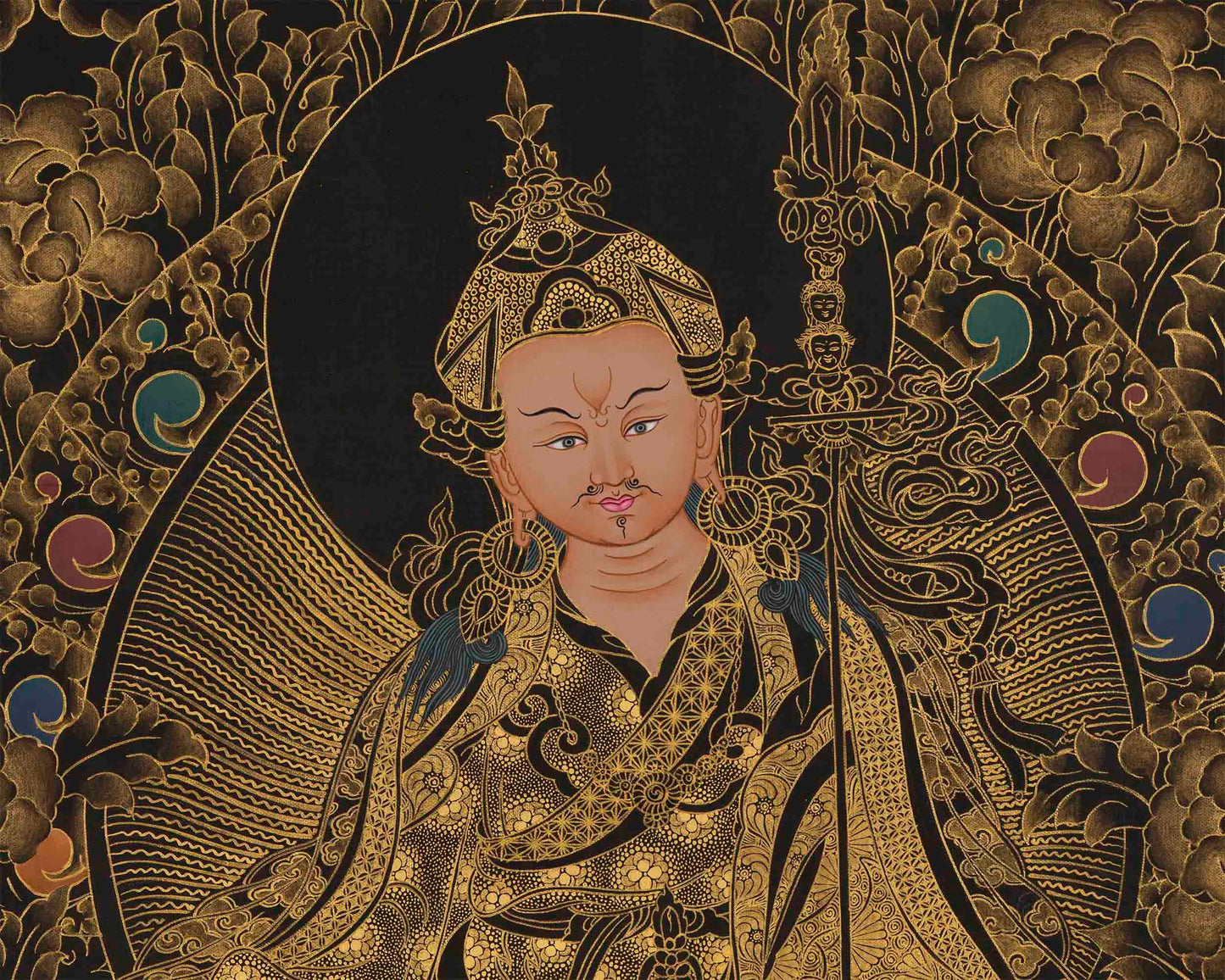 Gold and Black Guru Rinpoche Thangka | Traditional Tibetan Art of Padmasambhava